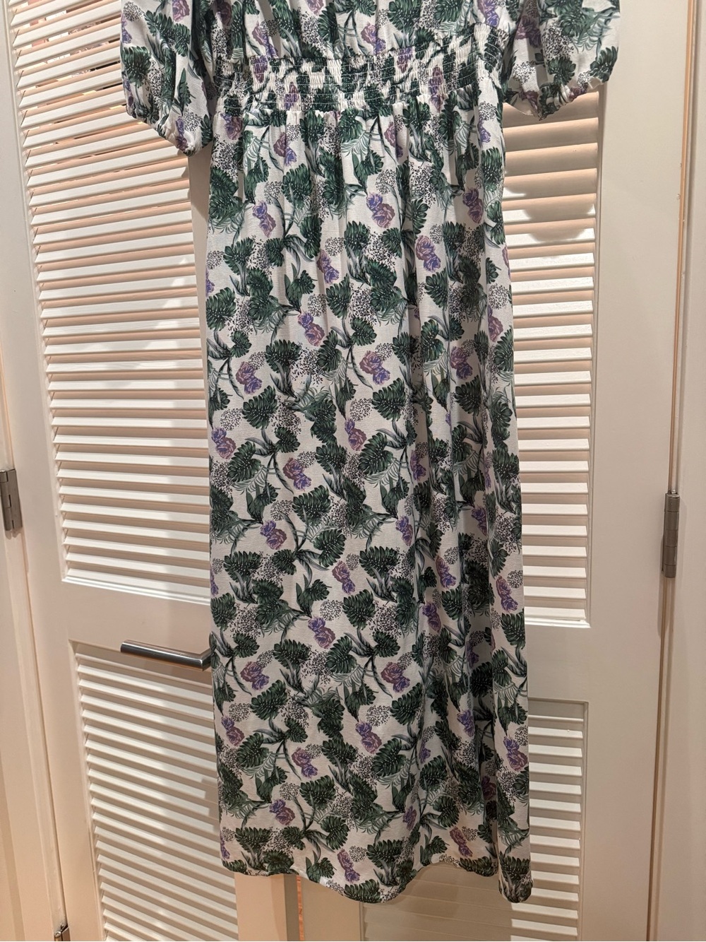 Maje White Midi Dress with Green Leaf and Purple Floral Print cotton
